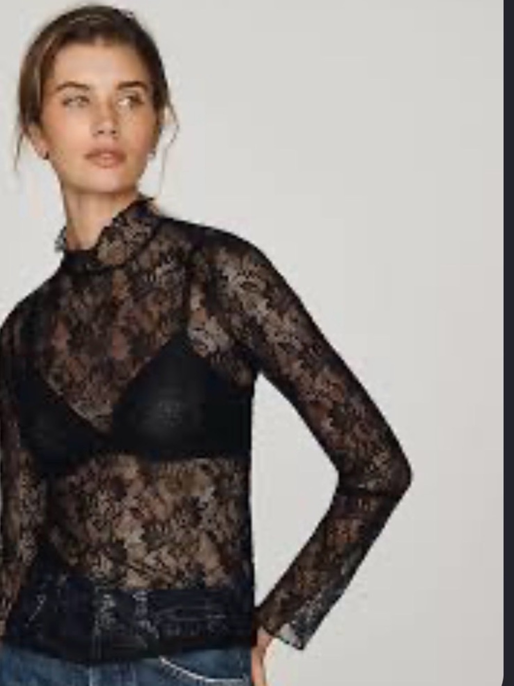 For love and lemons Black Lace Long-Sleeve Mock Neck Top medium-